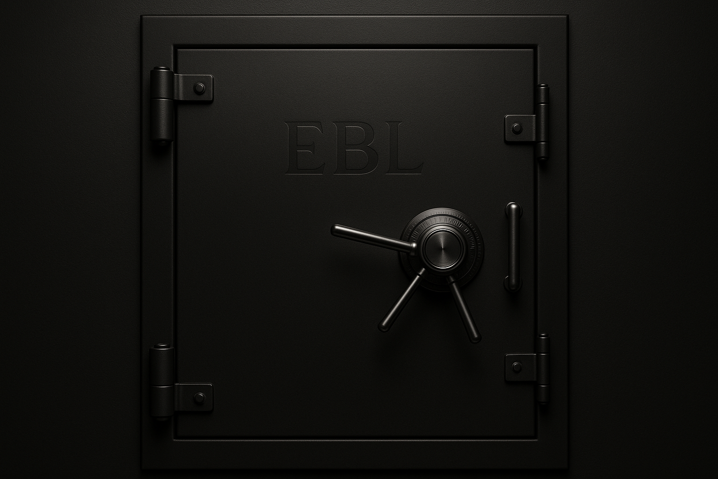 BLACK VAULT DOOR WITH FAINT ENGRAVED LOGO SYMBOL OF EBL