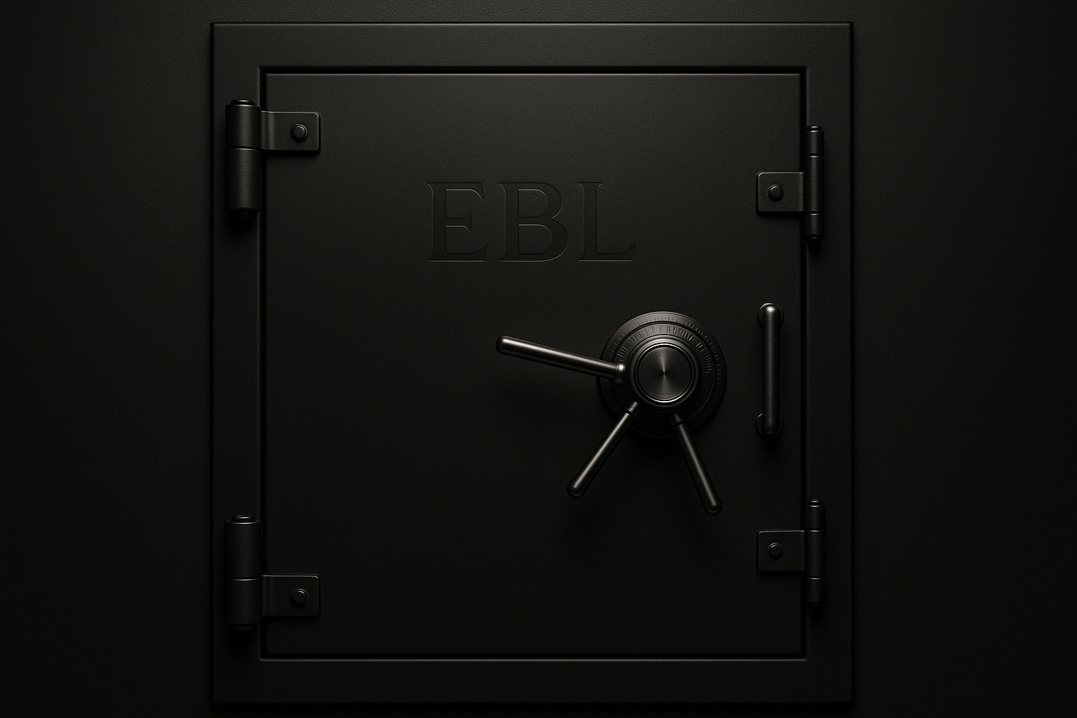 BLACK VAULT DOOR WITH FAINT ENGRAVED LOGO SYMBOL OF EBL