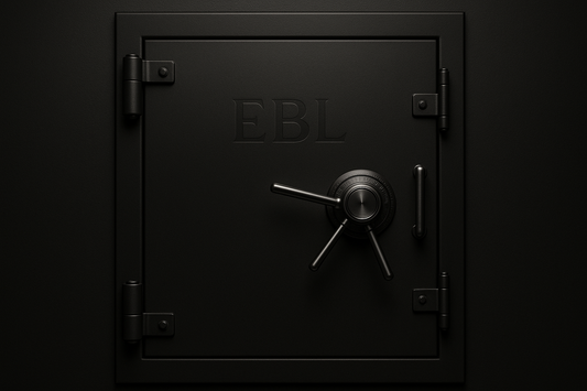 BLACK VAULT DOOR WITH FAINT ENGRAVED LOGO SYMBOL OF EBL