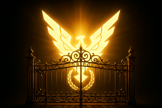 Elite symbol glowing behind a golden gate outline 