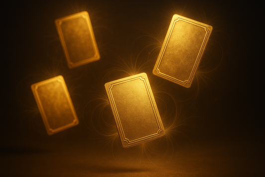 floating gold cards surrounded by faint aura lines