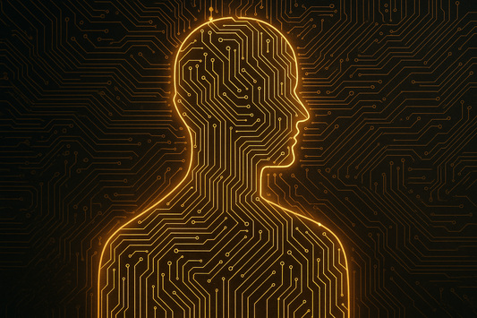 futuristic gold circuit lines forming a human silhouette